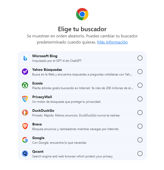 Selección de motores de búsqueda en Google Chrome, obligado por la ley DMA