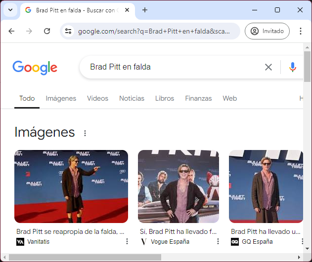 Resultados de buscar “Brad Pitt en falda en la barra de búsqueda de Google Chrome”