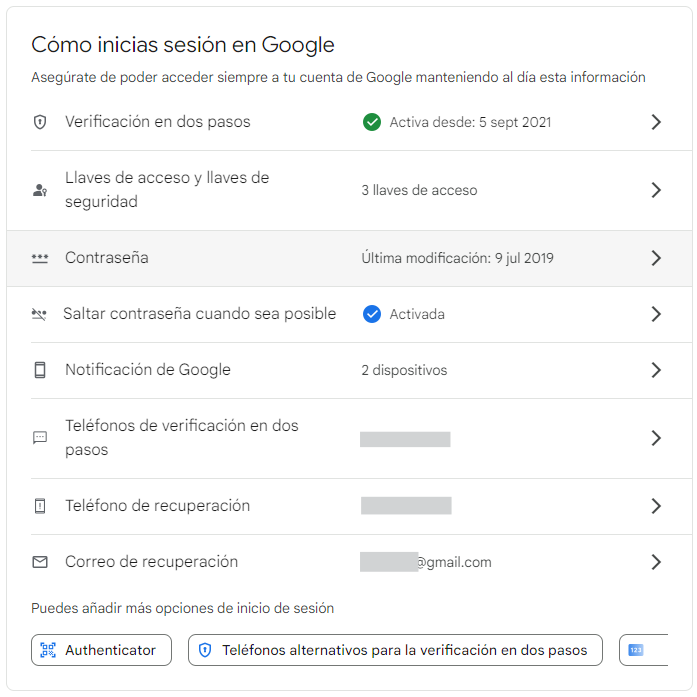 Pantalla de Configuración de la Seguridad en Google