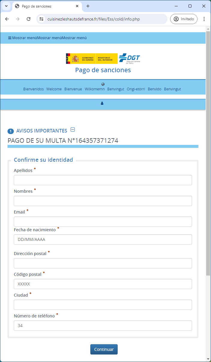 Ejemplo de suplantación de identidad, en este caso de la DGT para que pagues una multa