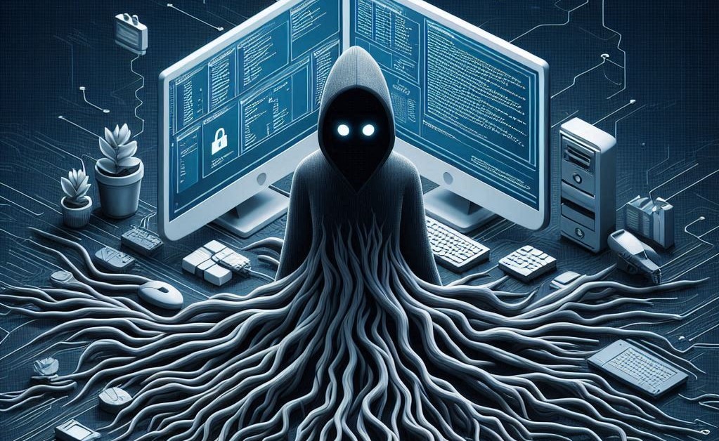 Una representación gráfica de un rootkit, un tipo de malware que obtiene control a nivel de administrador sobre un sistema informático, mostrando su naturaleza oculta y dañina dentro de los sistemas informáticos.