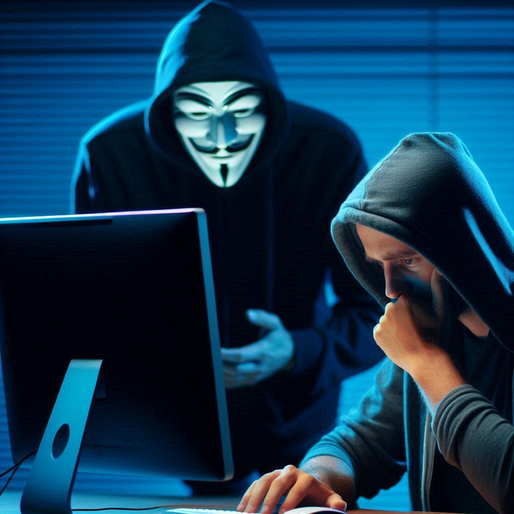 Una persona vulnerable usando un ordenador en primer plano, y una persona con la máscara de Anonymous acechando en la sombra, representando una amenaza omnipresente en el contexto de la seguridad informática.