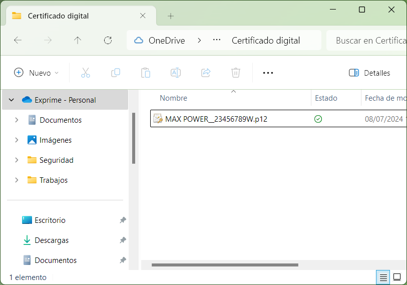 Paso 1. Poner el archivo del certificado en una carpeta de OneDrive